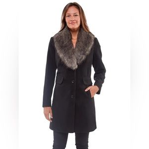 Women's Faux-Fur Trim Walker Coat Black Small